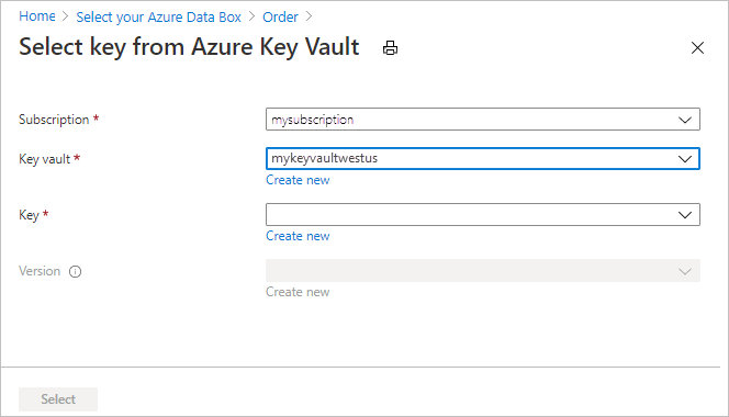 Výběr klíče z obrazovky služby Azure Key Vault