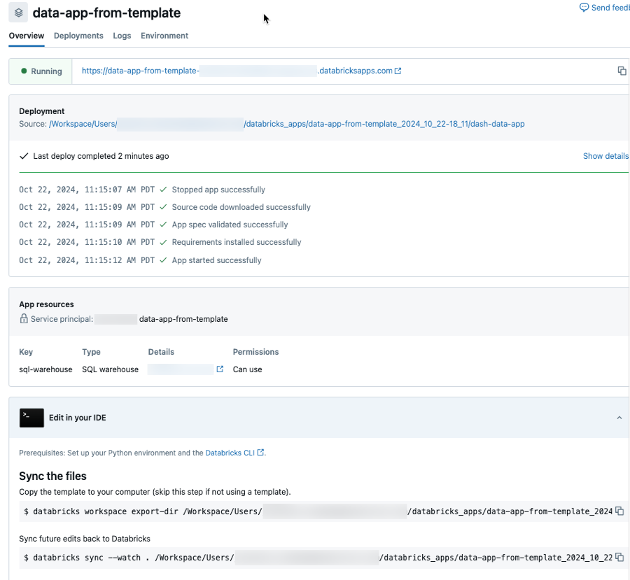 Zobrazení podrobností pro šablonu aplikace Databricks