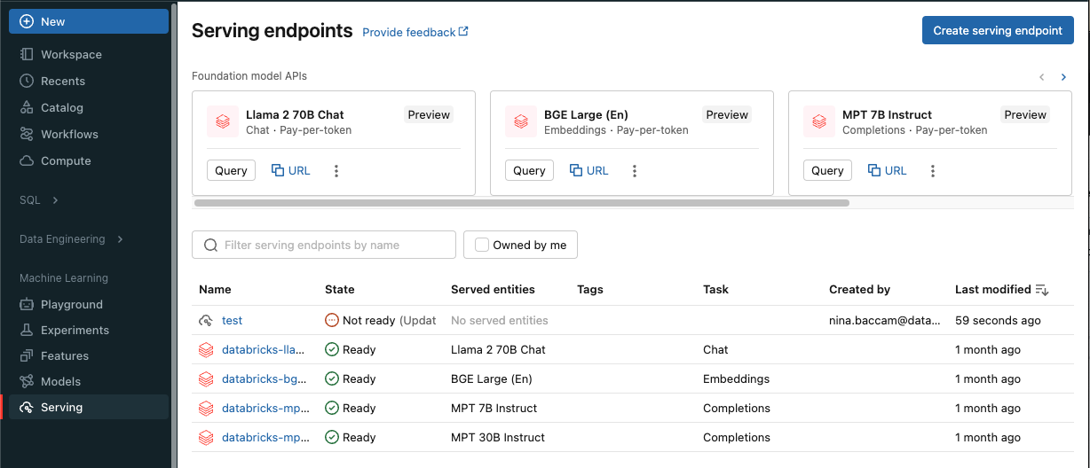 Podokno obsluhy modelu v uživatelském rozhraní Databricks