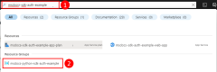 Snímek obrazovky znázorňující, jak pomocí horního vyhledávacího pole na webu Azure Portal vyhledat a přejít do skupiny prostředků, ke které chcete přiřadit role (oprávnění).