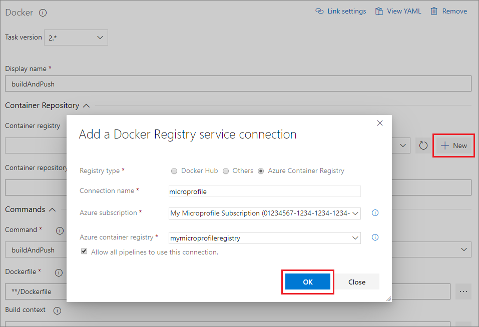 Přidání připojení ke službě registru Dockeru