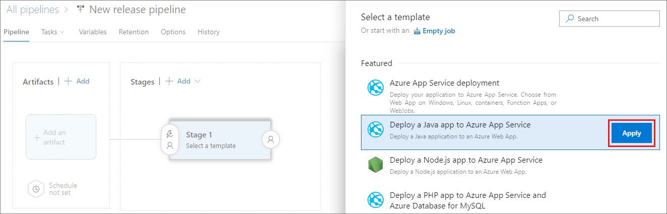 Výběr šablony Nasazení aplikace v Javě do Azure App Service