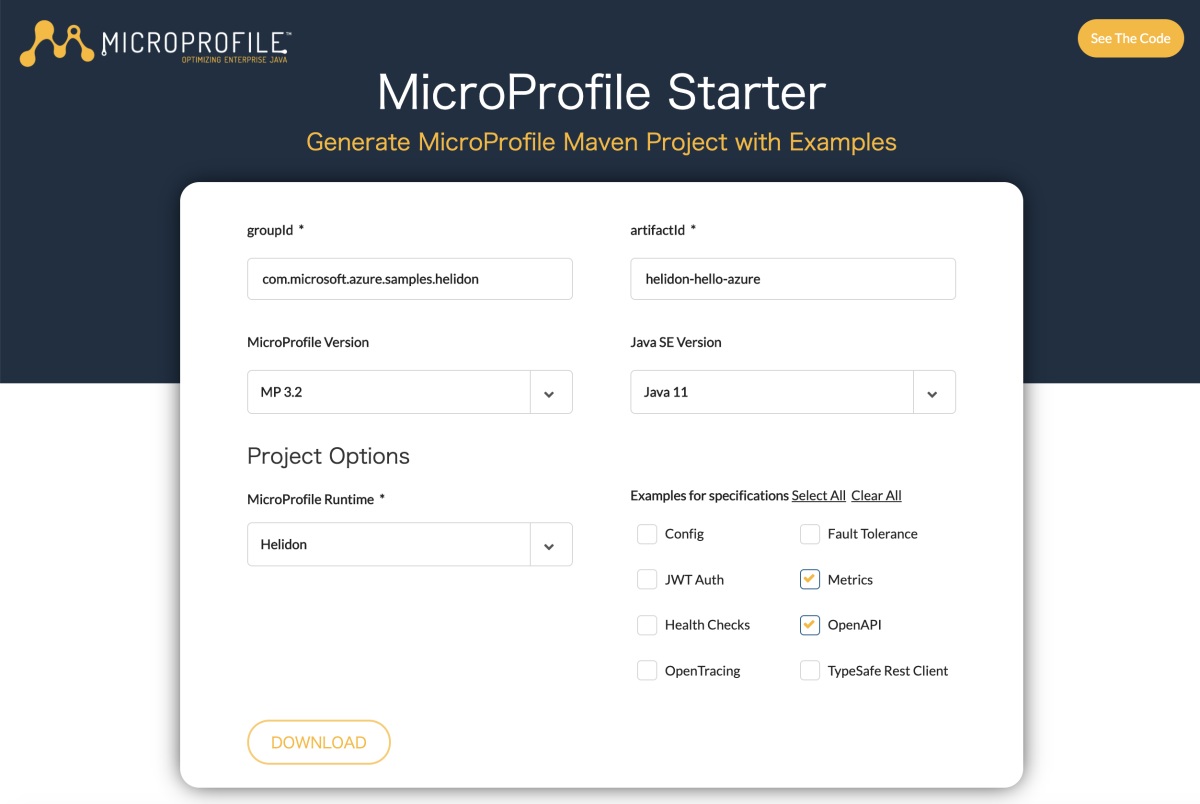 Snímek obrazovky s vybranou možností MicroProfile Starter s vybraným modulem runtime Helidon