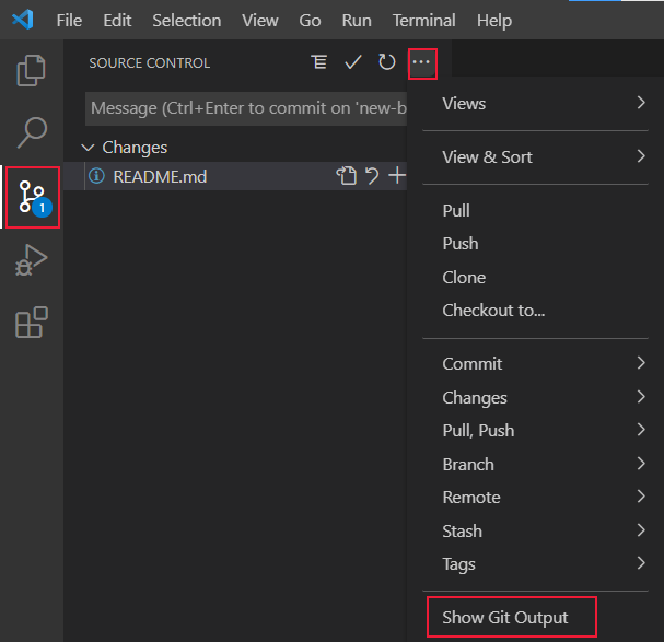 Správa zdrojového kódu v sadě Visual Studio Code se zvýrazněným výběrem Zobrazit výstup Gitu