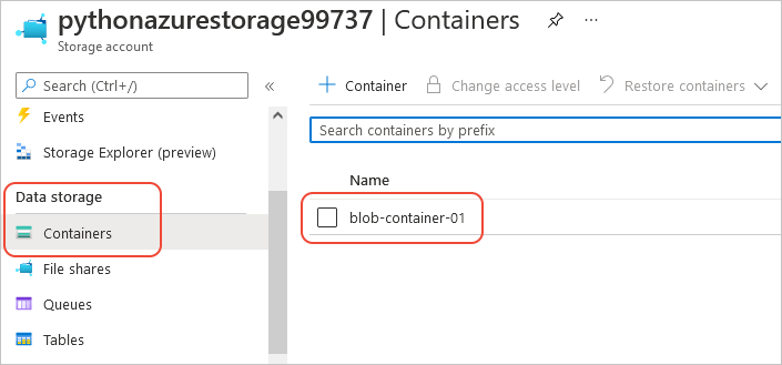 Stránka webu Azure Portal pro účet úložiště zobrazující kontejner objektů blob