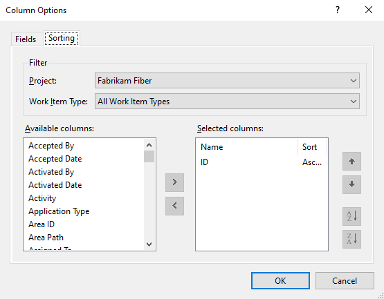 Dialogové okno Možnosti sloupce, Visual Studio, karta Řazení