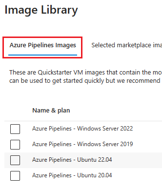 Snímek obrazovky s imagemi Azure Pipelines