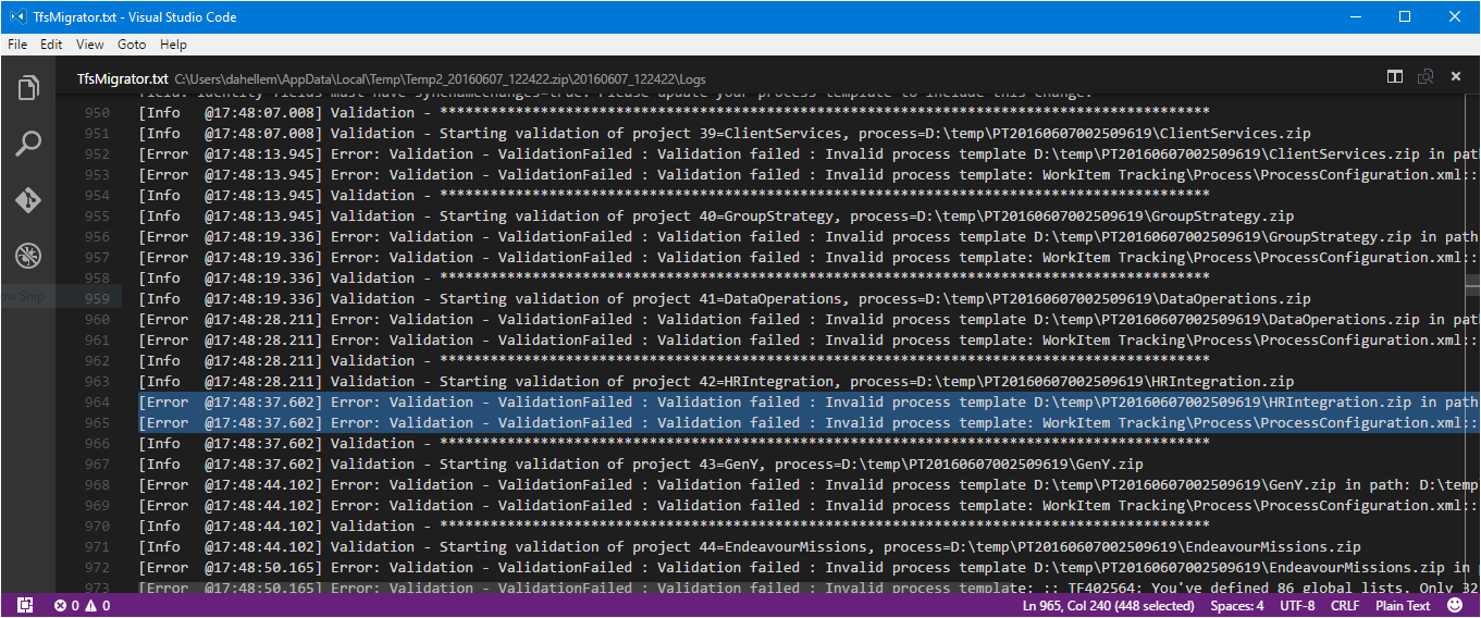 Snímek obrazovky se souborem DataMigrationTool.log vygenerovaným nástrojem pro migraci dat