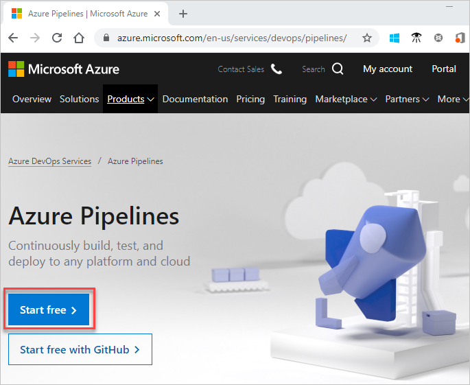 Snímek obrazovky se stránkou Začít zdarma se stránkou Azure Pipelines