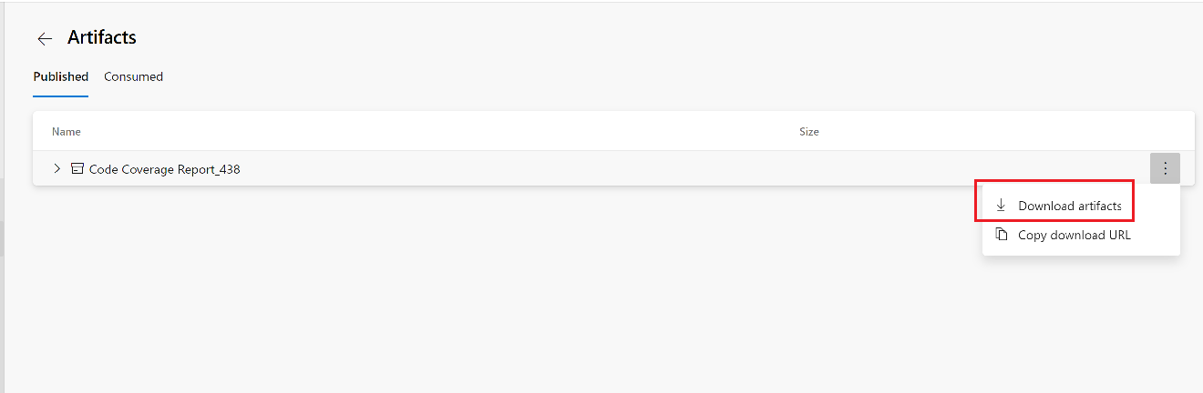 Snímek obrazovky s odkazem Stáhnout artefakty pro sestavu pokrytí kódu v části Artefakty