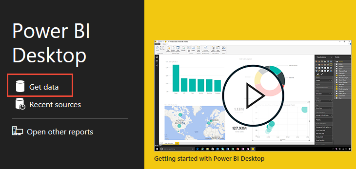 Snímek obrazovky úvodní obrazovky Power BI Desktopu s tlačítkem Získat data