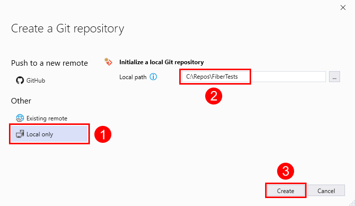 Snímek obrazovky s oknem Vytvořit úložiště Git s vybranou možností Pouze místní v sadě Visual Studio 2019