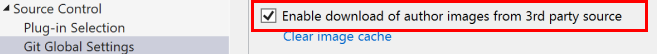 Snímek obrazovky zobrazující zaškrtávací políčko pro povolení stahování obrázků autora ze zdroje třetích stran v dialogovém okně Možnosti v sadě Visual Studio