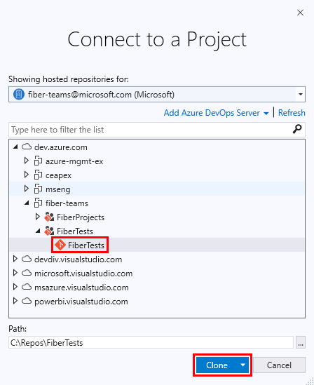 Snímek obrazovky s oknem Připojit k projektu v sadě Visual Studio 2019