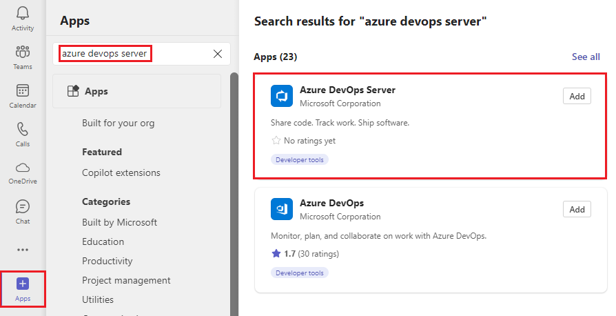 Snímek obrazovky znázorňující hledání Azure DevOps Serveru v Teams