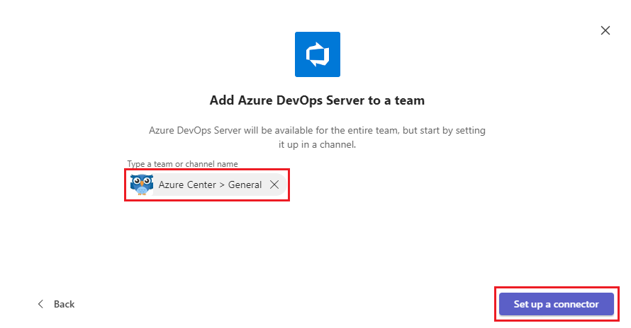 Snímek obrazovky znázorňující výběr možnosti Nastavení konektoru pro Azure DevOps Server v Teams