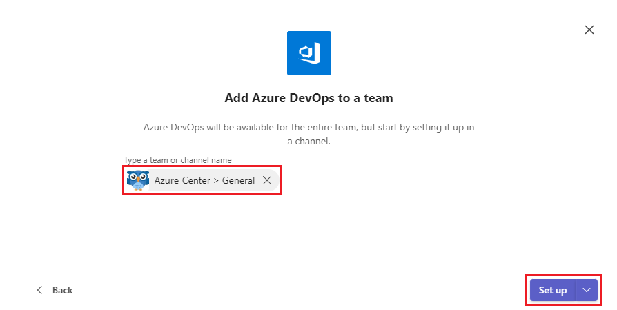 Snímek obrazovky znázorňující výběr možnosti Nastavit pro Azure DevOps v Teams