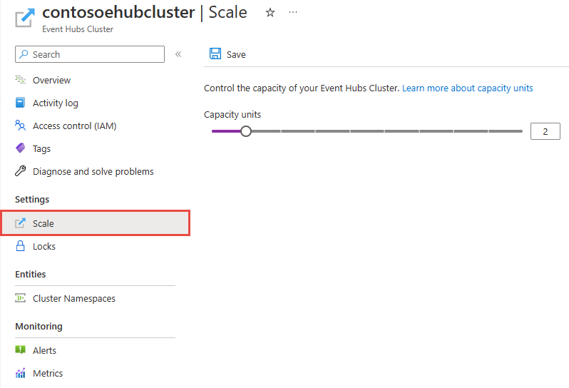 Snímek obrazovky znázorňující kartu Škálování na stránce Cluster služby Event Hubs