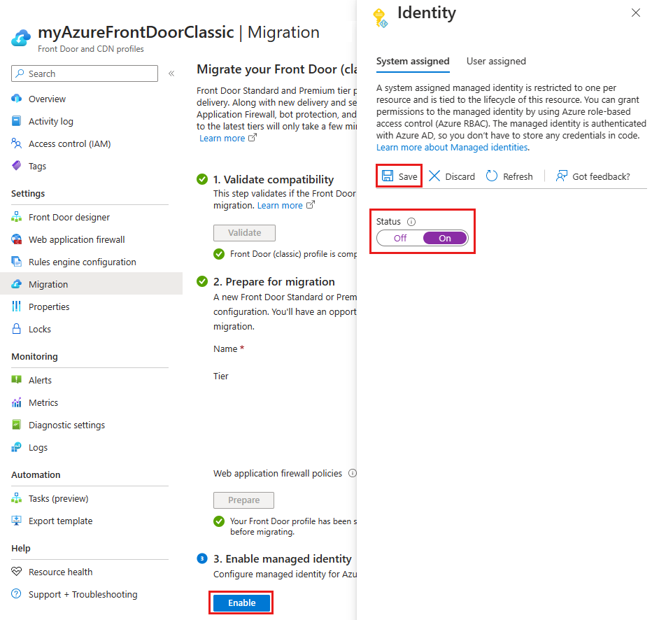 Snímek obrazovky s tlačítkem povolit správu identity pro migraci služby Front Door