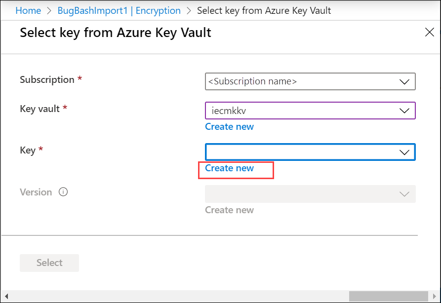 Snímek obrazovky Výběr klíče ze služby Azure Key Vault Tlačítko Vytvořit nový pro možnost Klíč je zvýrazněné.