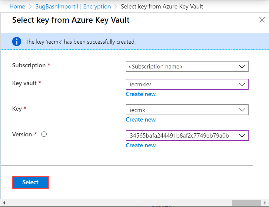 Snímek obrazovky Výběr klíče ze služby Azure Key Vault s ukázkovým nastavením Tlačítko Vybrat je zvýrazněné.