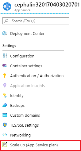 Snímek obrazovky s nabídkou webové aplikace, oddílem Nastavení a vybranou možností Vertikální navýšení kapacity (plán služby App Service)