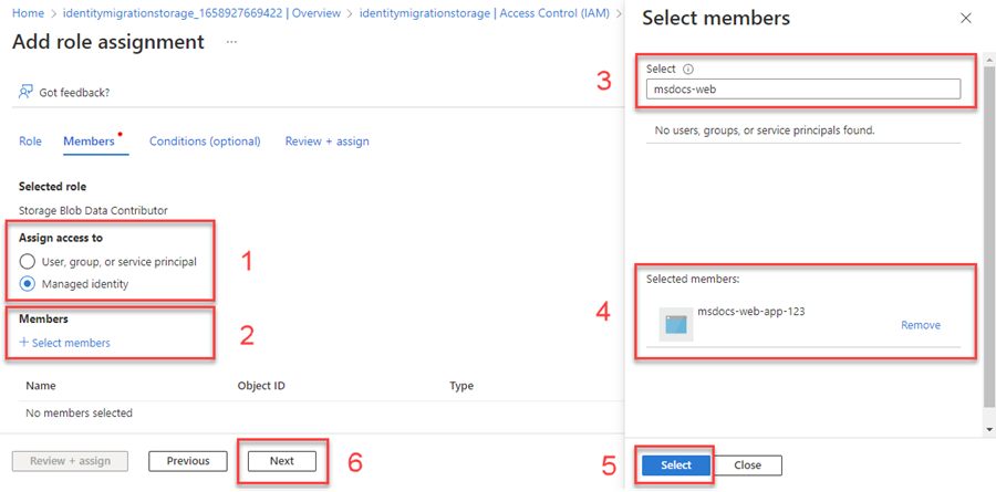 Snímek obrazovky znázorňující výběr přiřazené spravované identity