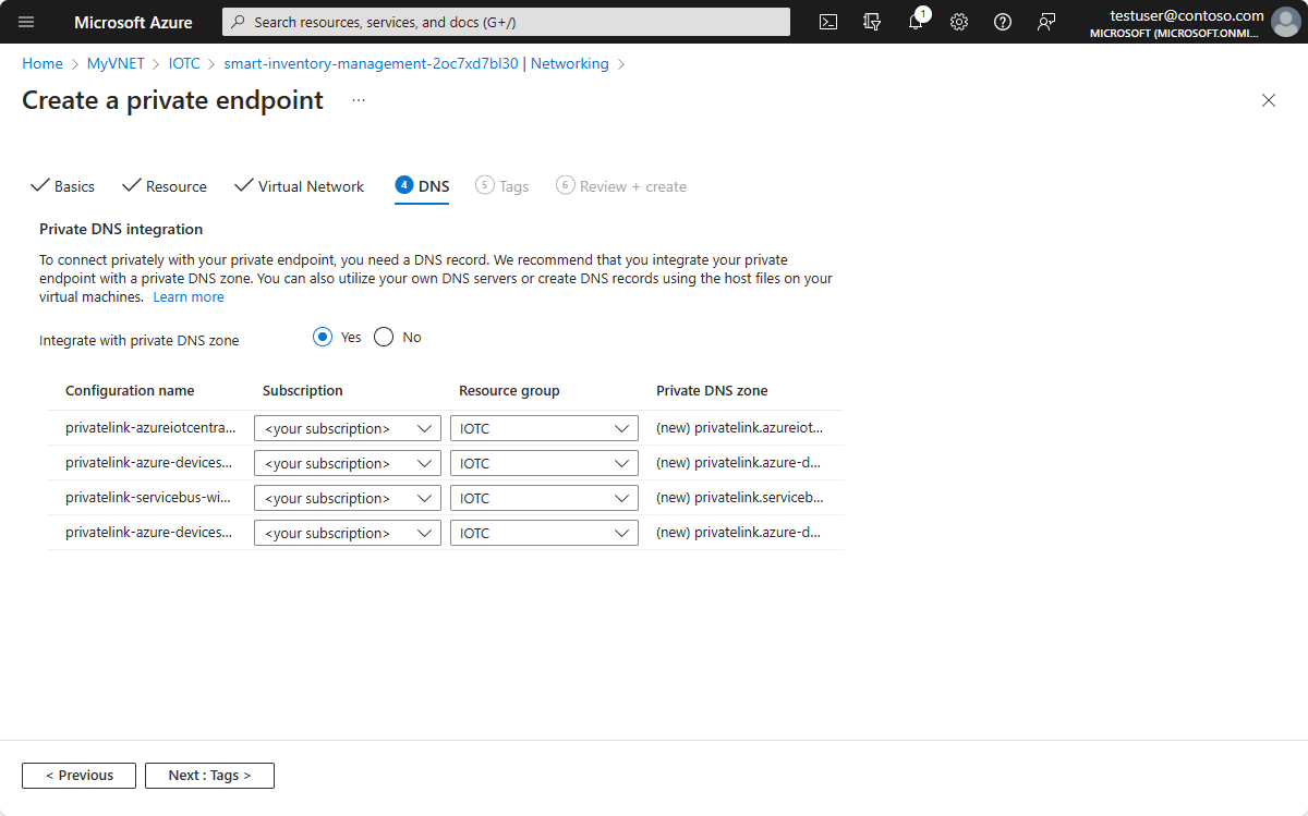 Snímek obrazovky webu Azure Portal znázorňující integraci privátního DNS