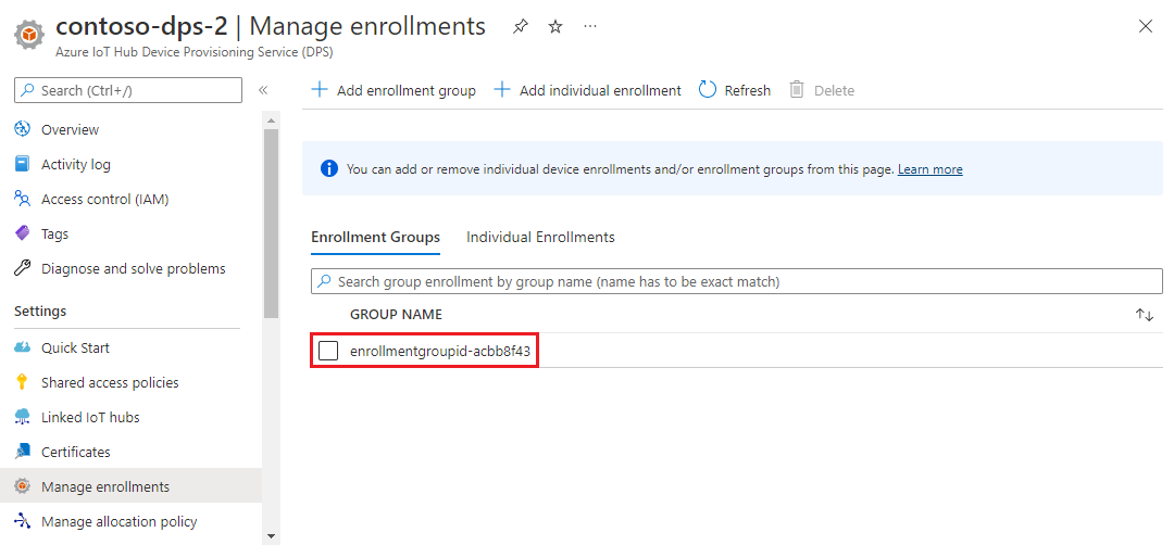 Snímek obrazovky znázorňující nově vytvořenou skupinu registrací na portálu