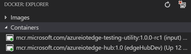 Snímek obrazovky se stavem modulu simulátoru v podokně Průzkumníka Dockeru v editoru Visual Studio Code