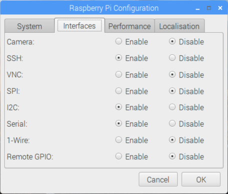 Snímek obrazovky znázorňující konfiguraci pro povolení I2C a SSH v Raspberry Pi