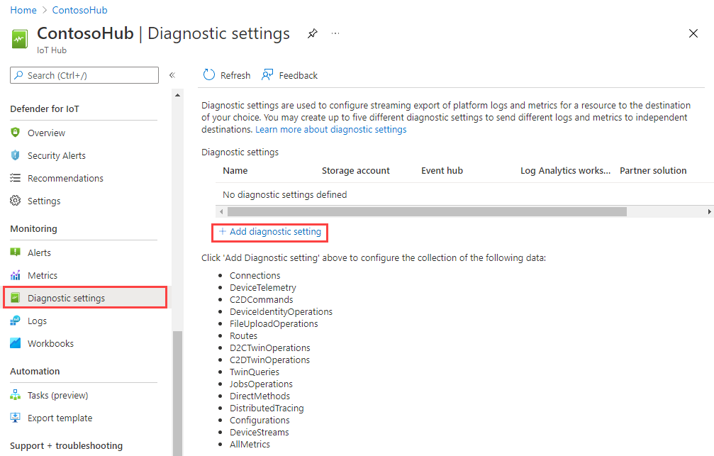 Snímek obrazovky, který zvýrazňuje nastavení diagnostiky v části Monitorování