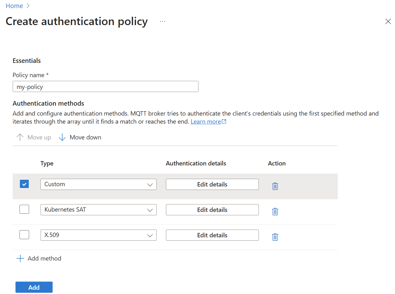 Snímek obrazovky s využitím webu Azure Portal pro přidání metody zásad ověřování zprostředkovatele MQTT