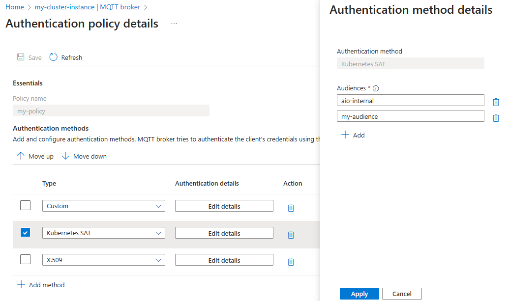 Snímek obrazovky s použitím webu Azure Portal k nastavení metody ověřování SAT zprostředkovatele MQTT