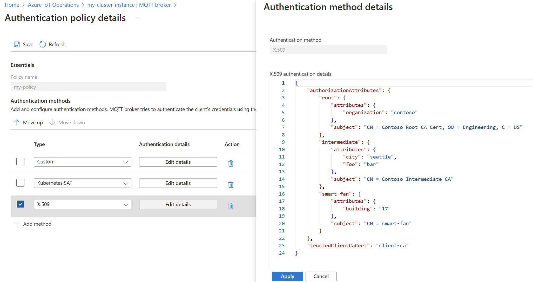 Snímek obrazovky s využitím webu Azure Portal k nastavení metody ověřování X.509 zprostředkovatele MQTT