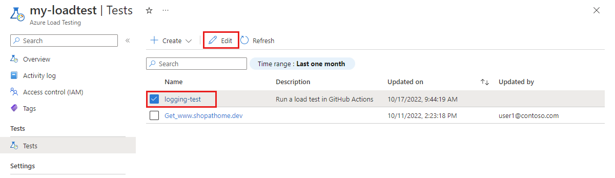Snímek obrazovky se seznamem testů pro prostředek zátěžového testování Azure na webu Azure Portal a zvýrazněným tlačítkem Upravit