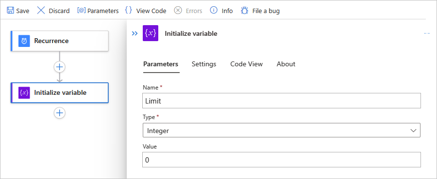 Snímek obrazovky s webem Azure Portal, standardním pracovním postupem a parametry pro integrovanou akci s názvem Inicializovat proměnnou