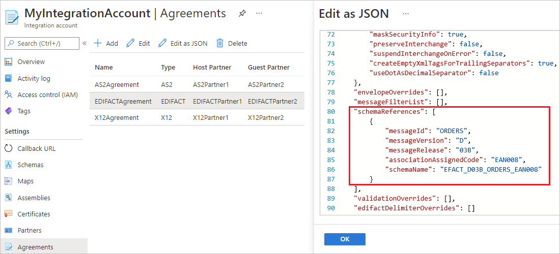 Snímek obrazovky webu Azure Portal s oddílem sendAgreement smlouvy EDIFACT v editoru JSON a zvýrazněnou částí schemaReferences