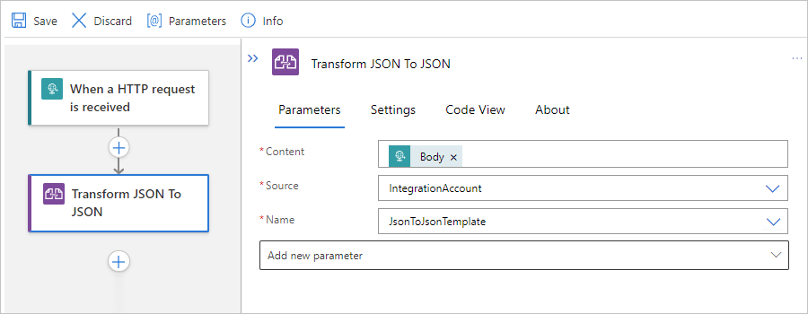 Snímek obrazovky zobrazující standardní pracovní postup s dokončenou akcí Transformovat JSON na JSON