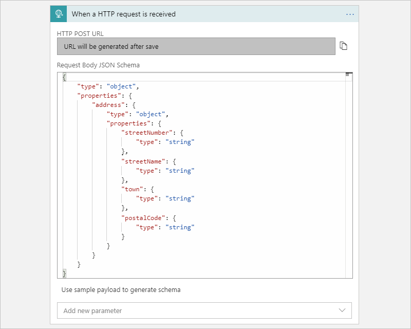 Snímek obrazovky znázorňující pracovní postup Consumption s triggerem požadavku a parametrem schématu JSON textu požadavku s ukázkovým schématem