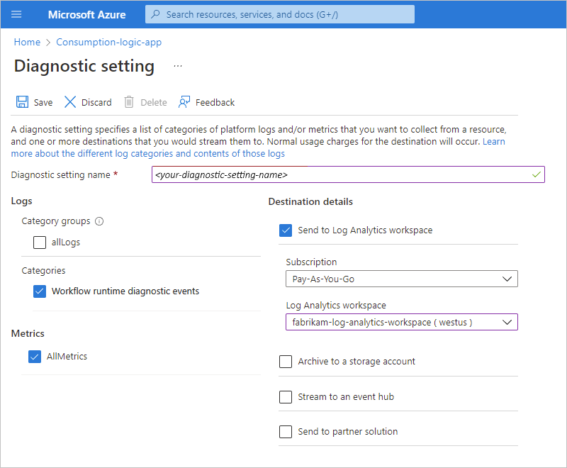 Snímek obrazovky s webem Azure Portal, pracovním prostorem služby Log Analytics a daty, která se mají shromažďovat