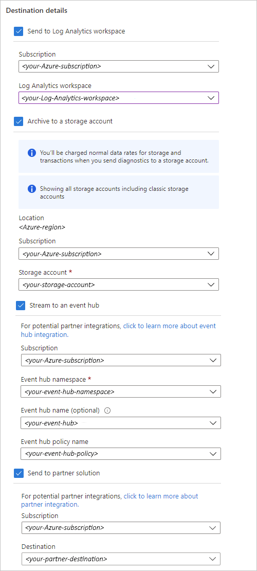 Snímek obrazovky s webem Azure Portal, prostředkem aplikace logiky Consumption a nastavením diagnostiky s možnostmi účtu úložiště a centra událostí