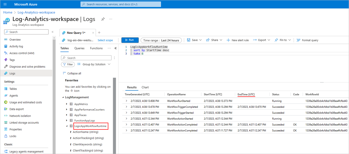 Snímek obrazovky s webem Azure Portal, pracovním prostorem služby Log Analytics a zachycenou telemetrií pro spuštění pracovního postupu standardní aplikace logiky