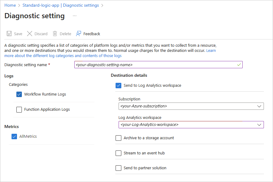 Snímek obrazovky s webem Azure Portal, nabídkou prostředků standardní aplikace logiky a vybranou možností Log Analytics