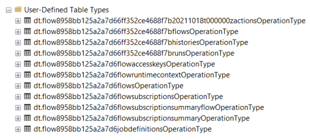 Snímek obrazovky znázorňující uživatelem definované typy tabulek SQL vytvořené modulem runtime Azure Logic Apps s jedním tenantem