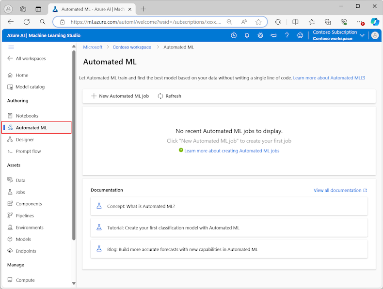 Snímek obrazovky se stránkou Přehled vytváření obsahu pro automatizované strojové učení v studio Azure Machine Learning