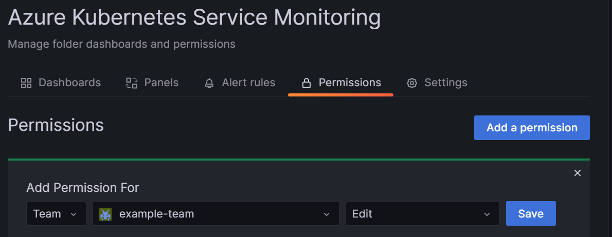 Snímek obrazovky s uživatelským rozhraním Grafana a přidáním oprávnění týmu do složky Grafana