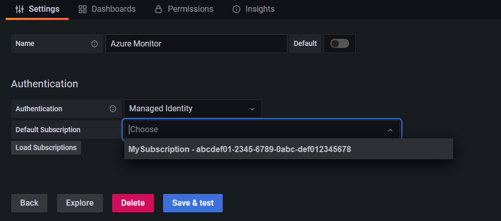 Snímek obrazovky se stránkou Azure Monitoru ve zdrojích dat