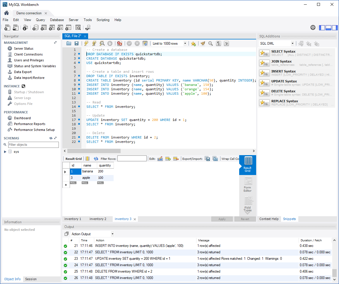 Karta SQL aplikace MySQL Workbench pro spuštění vzorového kódu SQL