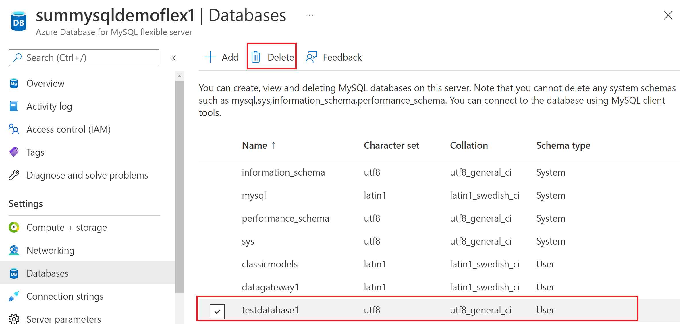 Snímek obrazovky znázorňující odstranění databáze na flexibilním serveru Azure Database for MySQL